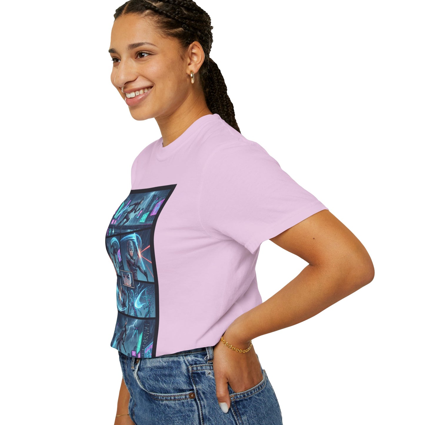 Cyberpunk Girl Samurai T-Shirt — Neon Manga Panel Graphic Tee