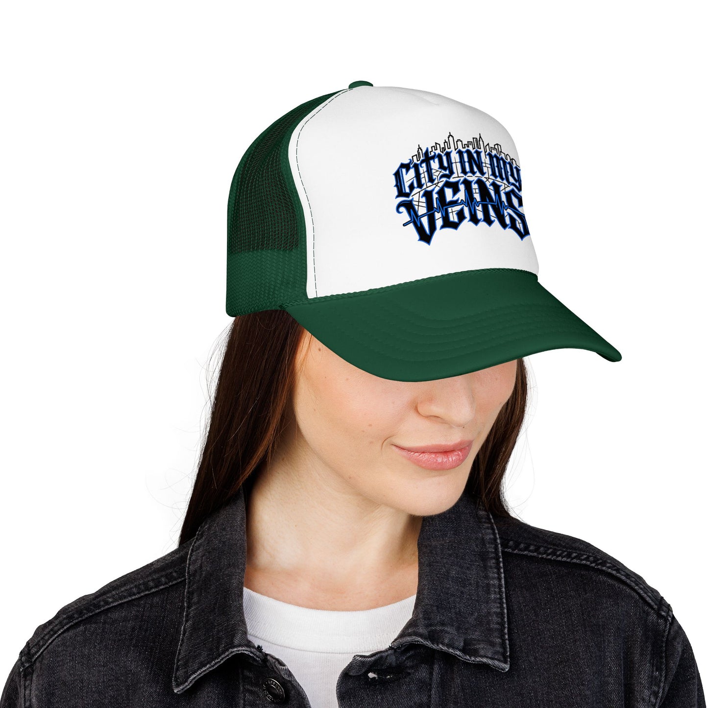 City In My Veins Foam Trucker Hat — Urban Gothic Blue Embroidered Cap