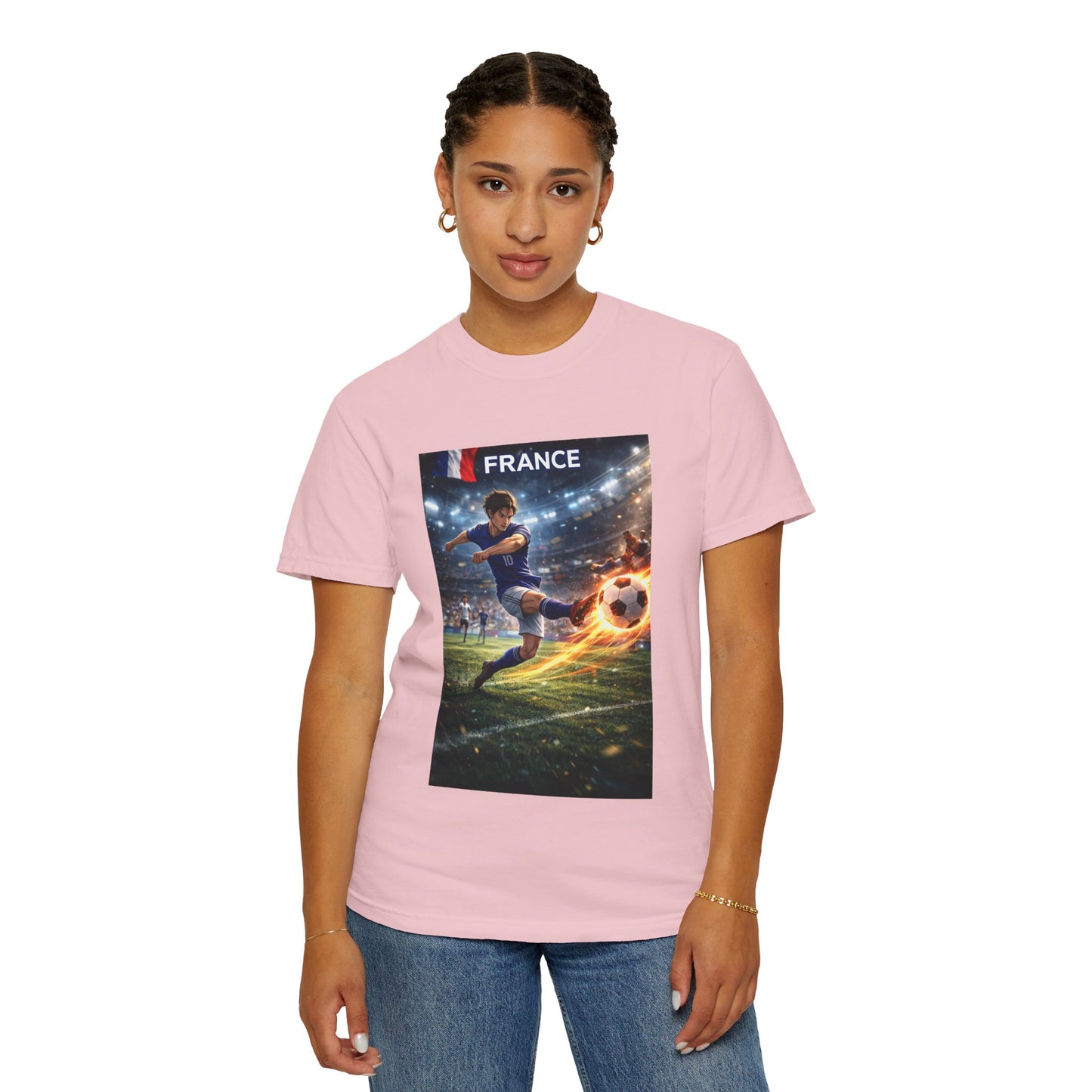France Soccer Player Graphic T-Shirt — Football Kick Stadium Design