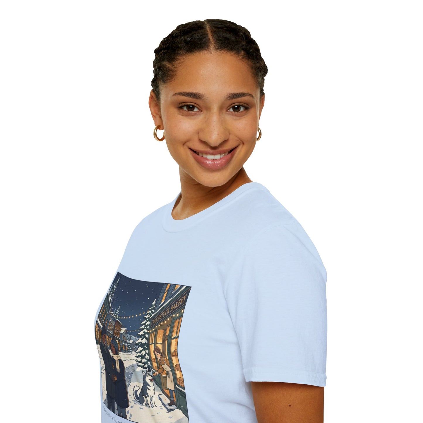 Winter String Lights Stroll T-Shirt — Cozy Holiday Street Scene Graphic Tee