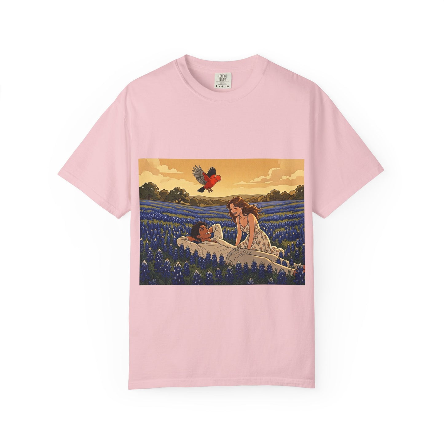 Romantic Bluebonnet Field T-Shirt — Couple in Wildflower Meadow Art Tee
