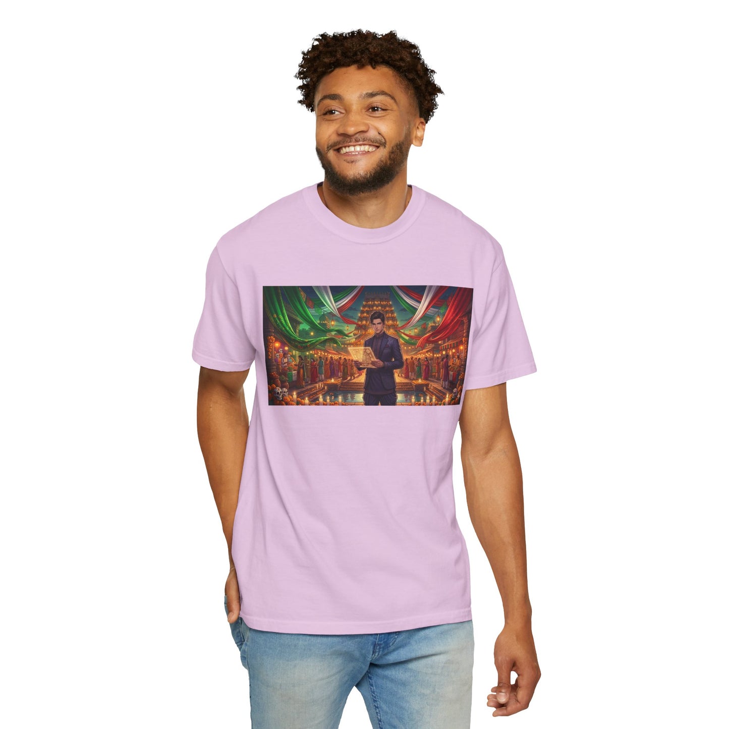 T-Shirt — Dragon Temple Night Scene Graphic Tee (Monk with Dragons)