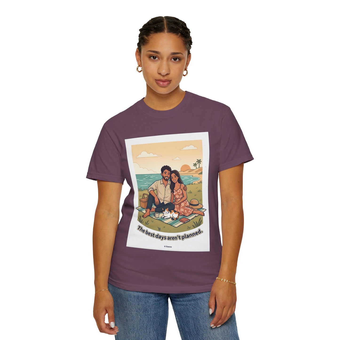 Beach Picnic Couple T‑Shirt — “The best days aren’t planned.” Relaxed Vacation Tee
