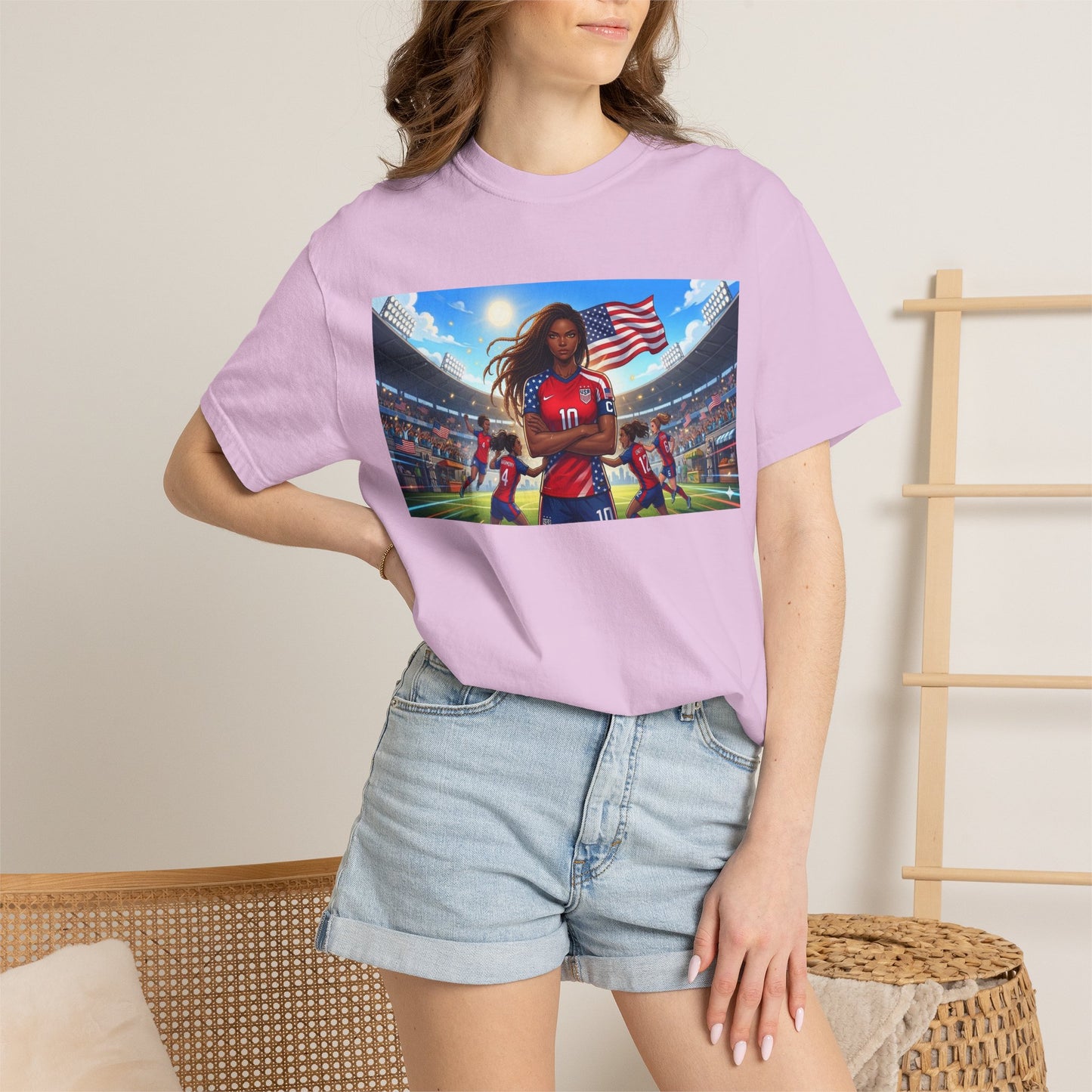 Soccer Mom USA T-Shirt — Female Soccer Player with American Flag Stadium Graphic