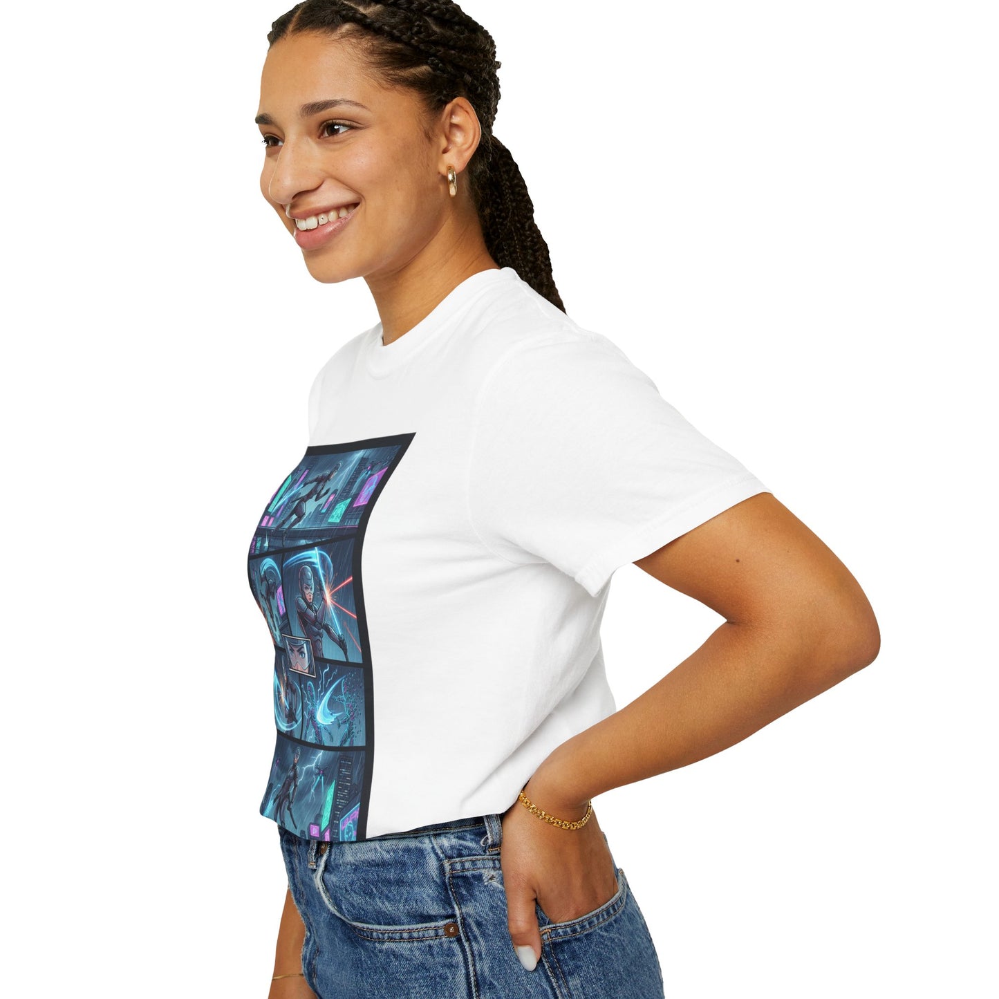 Cyberpunk Girl Samurai T-Shirt — Neon Manga Panel Graphic Tee