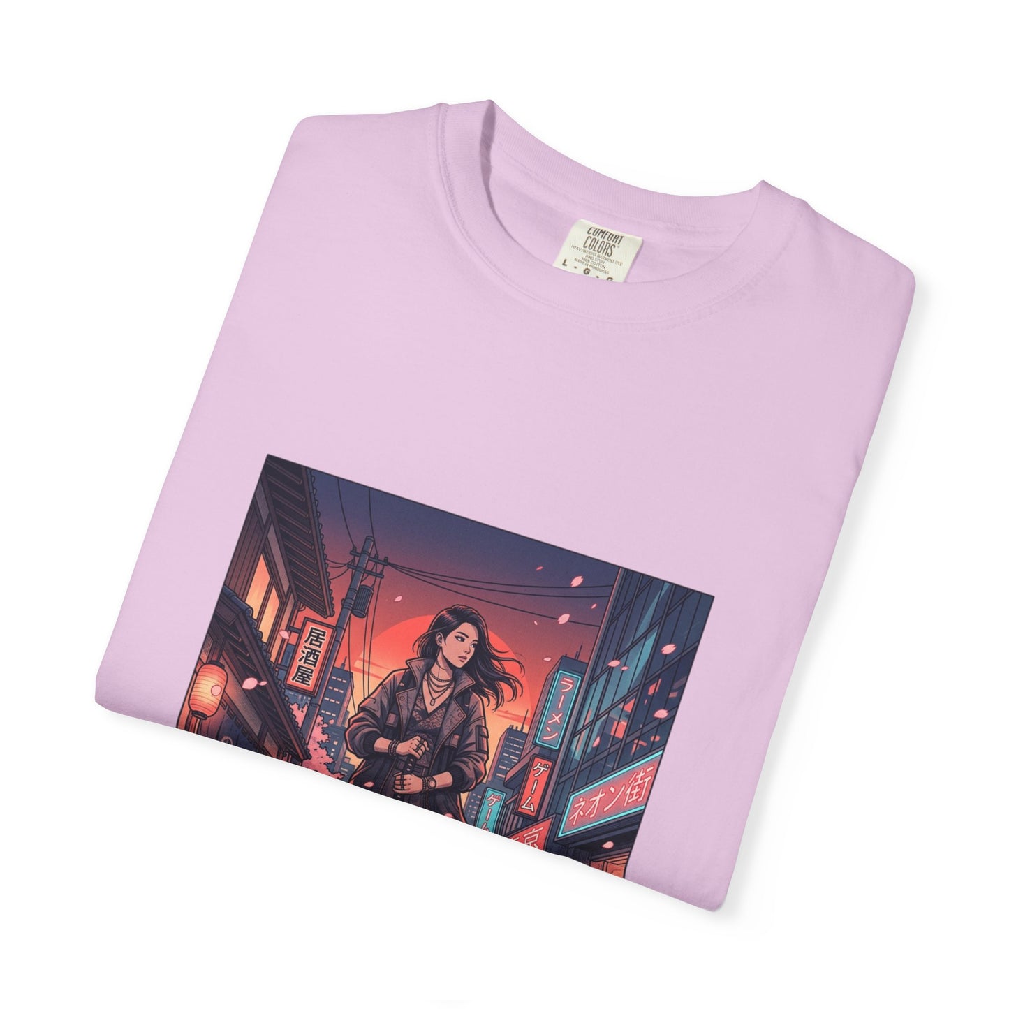Cyberpunk Night Streets T‑Shirt — Neon Samurai Girl Graphic Tee