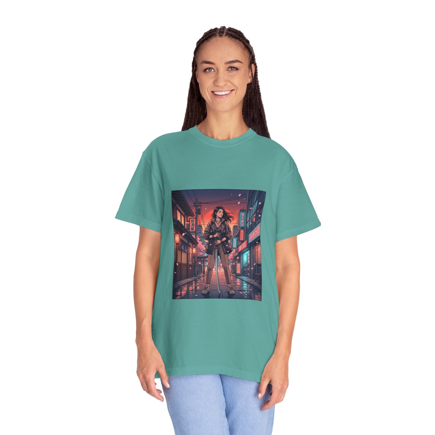 Cyberpunk Night Streets T‑Shirt — Neon Samurai Girl Graphic Tee