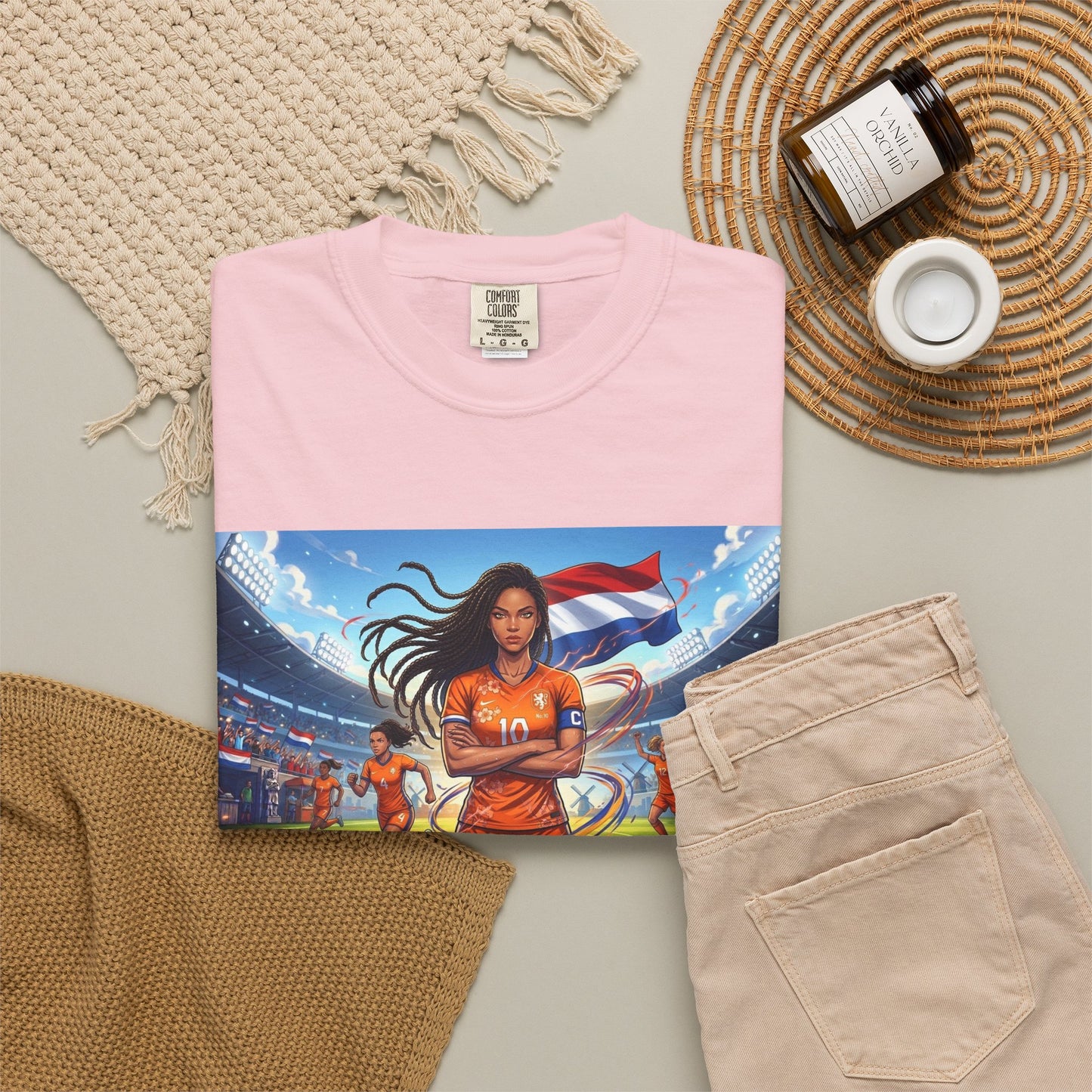 Soccer Warrior T-Shirt — Netherlands Female Captain with Flag Stadium Graphic