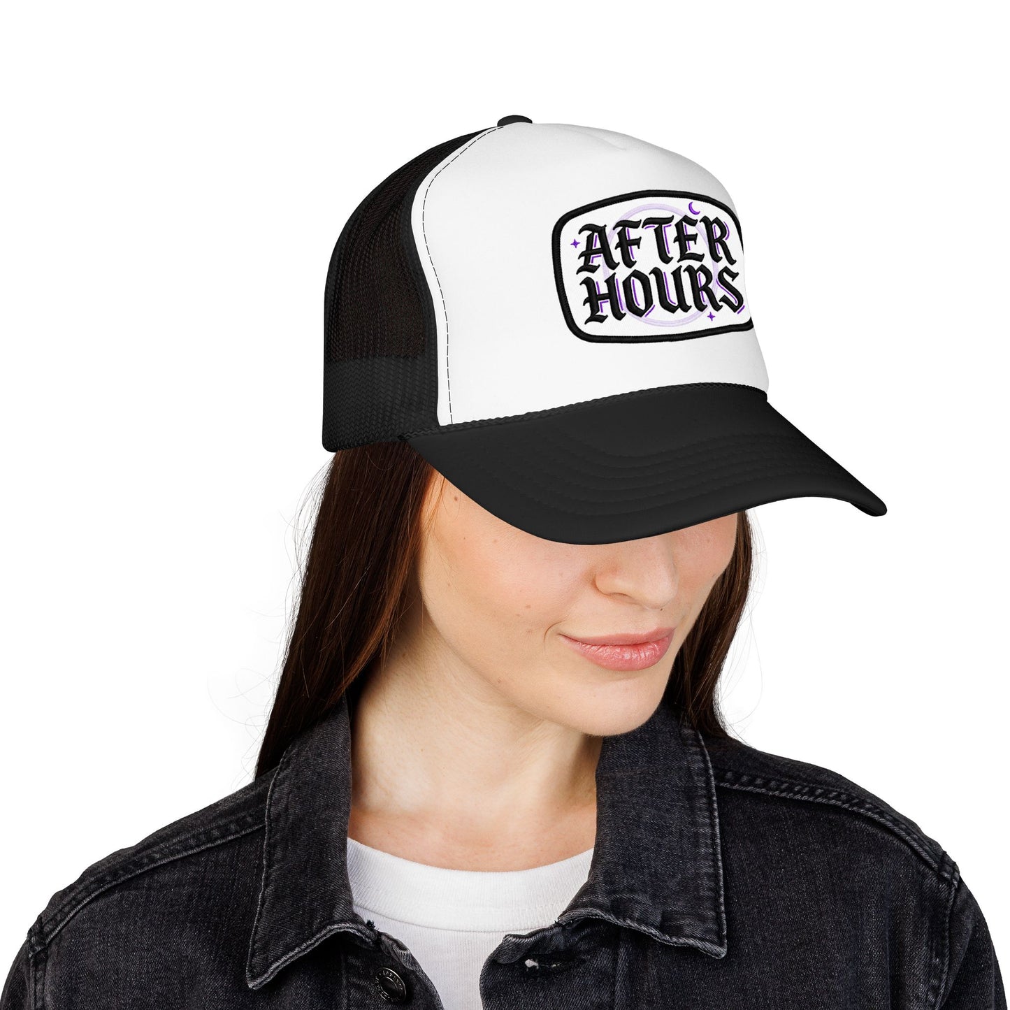 After Hours Foam Trucker Hat – Retro Gothic Embroidered Patch Cap