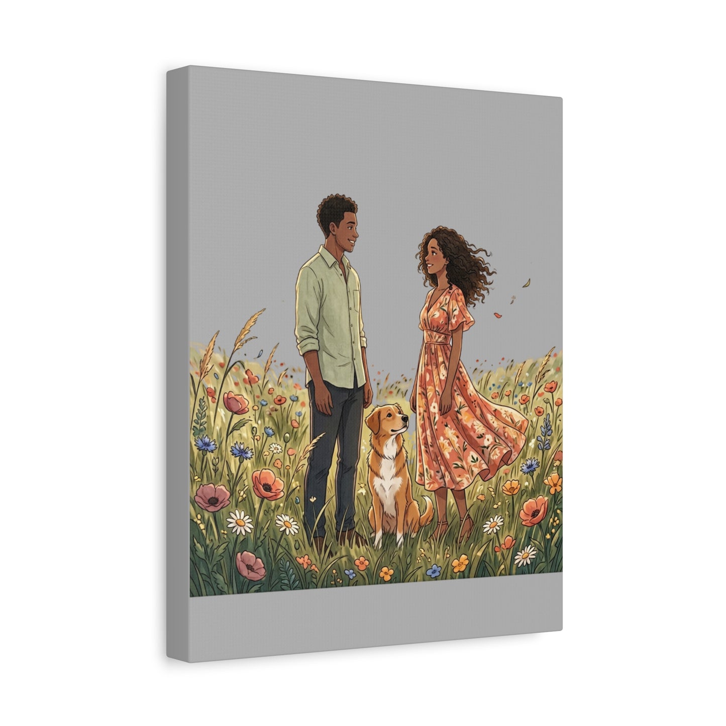 Romantic Couple in Wildflower Field Canvas Art — Black Love Wall Decor with Dog