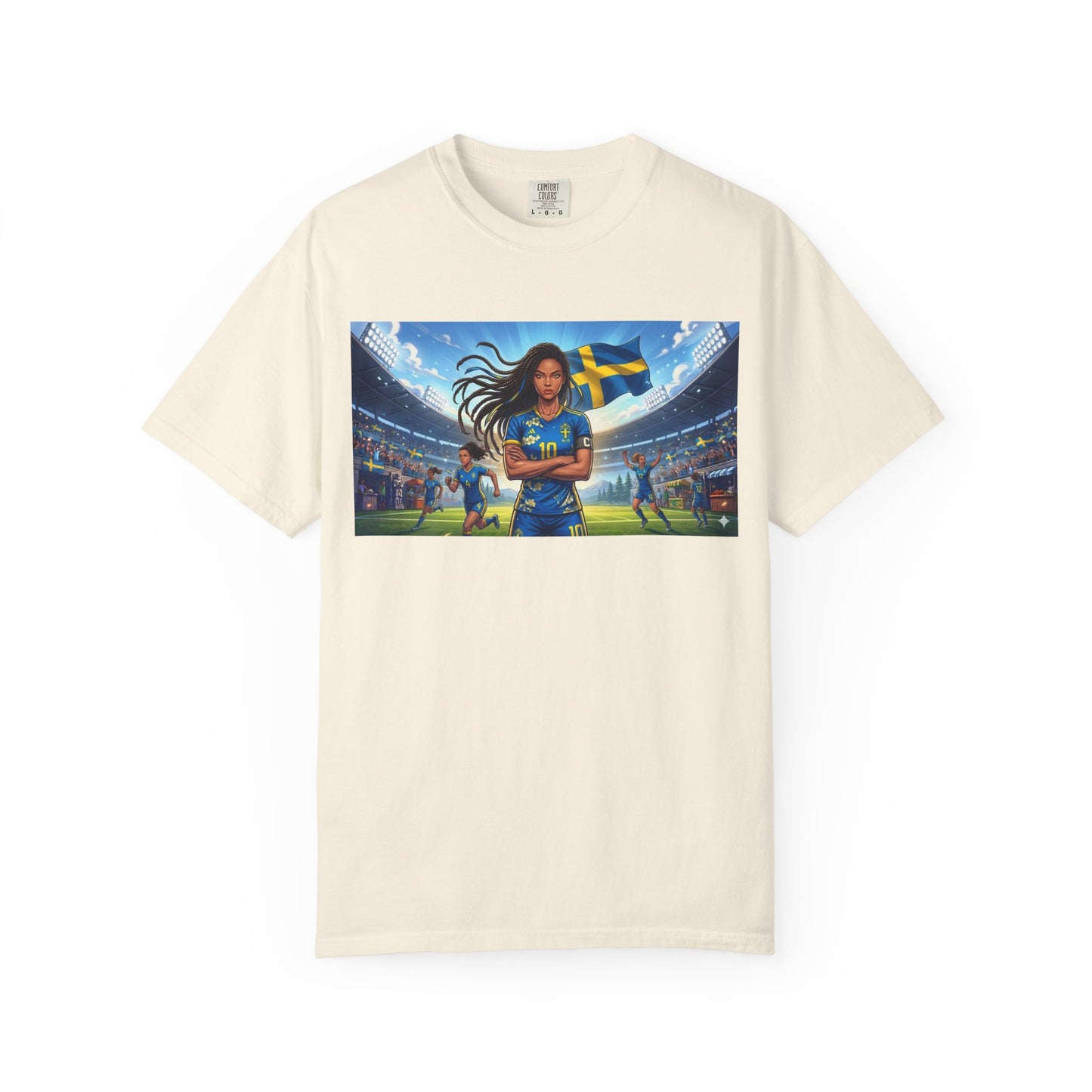 Swedish Soccer Pride T-Shirt — Female Footballer with Flag Stadium Design