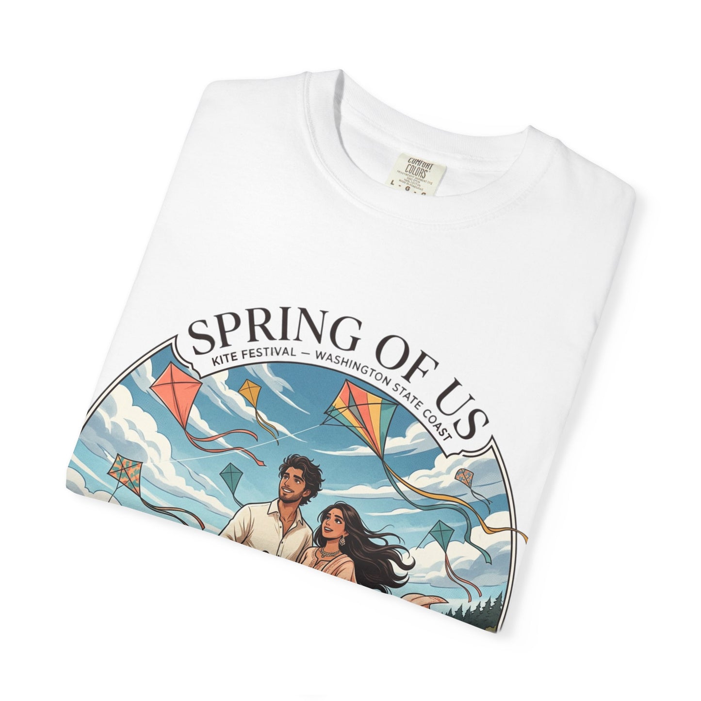 Spring of Us T-Shirt — Romantic Beach Couple Illustration with Dog