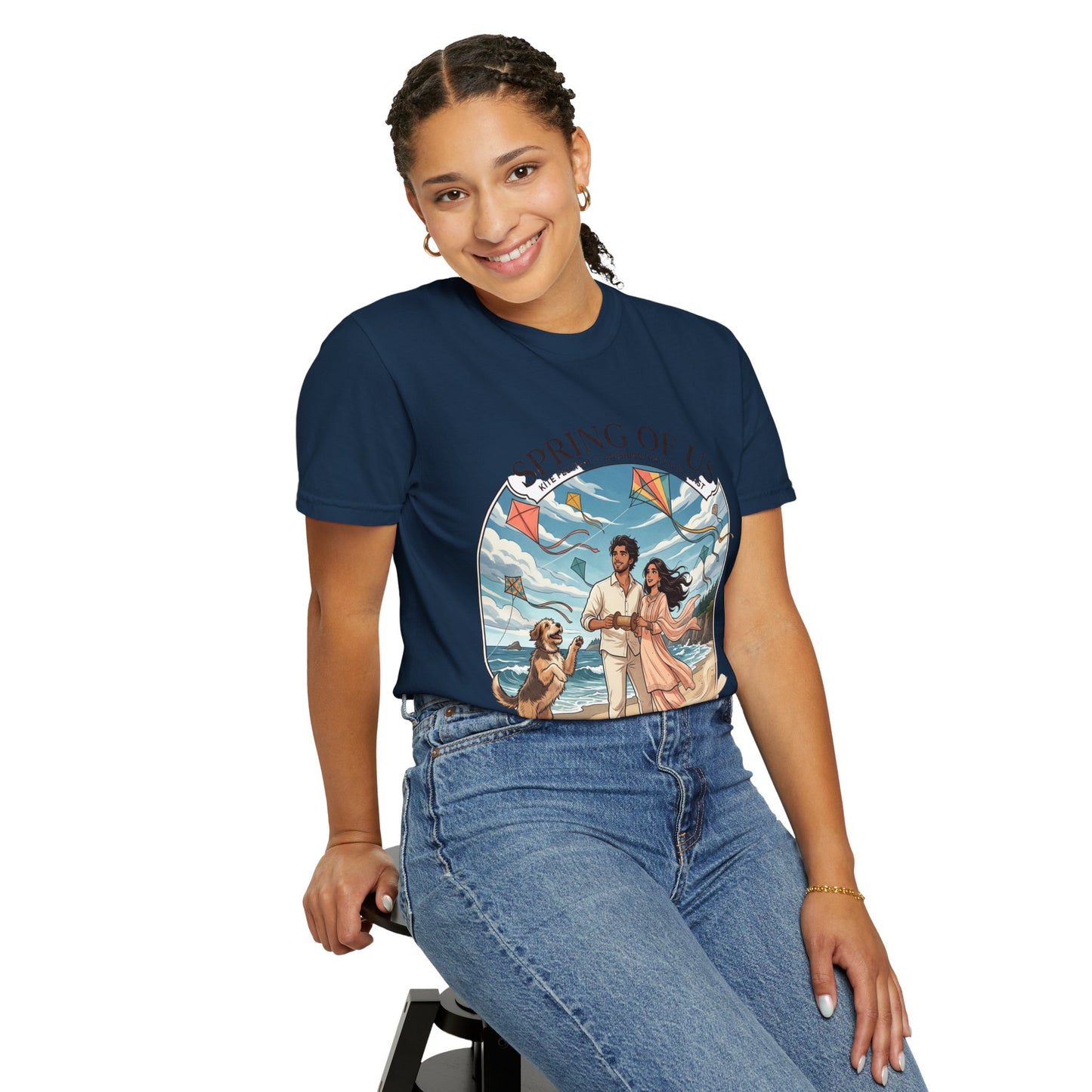 Spring of Us T-Shirt — Romantic Beach Couple Illustration with Dog