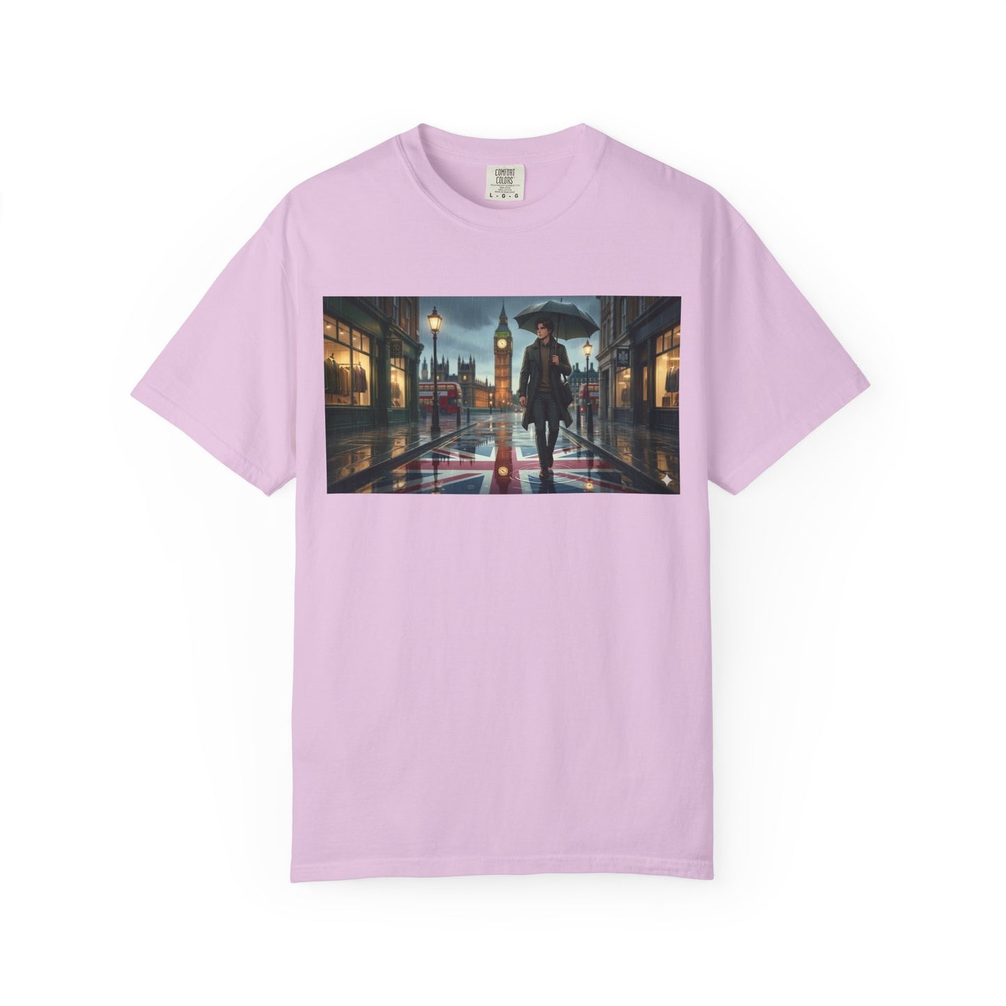 T-Shirt — Rainy London Street Scene Graphic Tee (Big Ben, Umbrella, Night Cityscape)