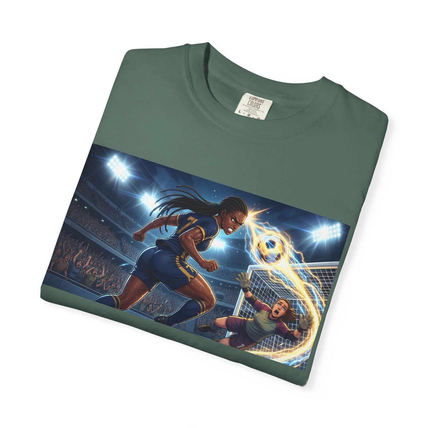 Soccer Duel Graphic T-Shirt — Futuristic Goalkeeper vs Striker Stadium Print