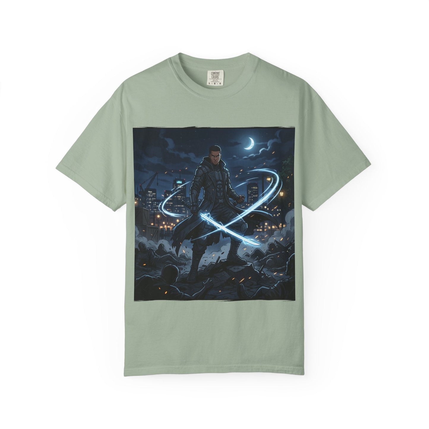 Urban Night Warrior T-Shirt — Neon Samurai Cityscape