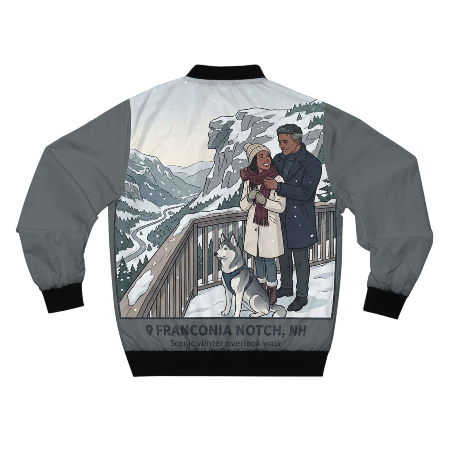 Couple in Snow Bomber Jacket — Winter Scenic AOP Outerwear