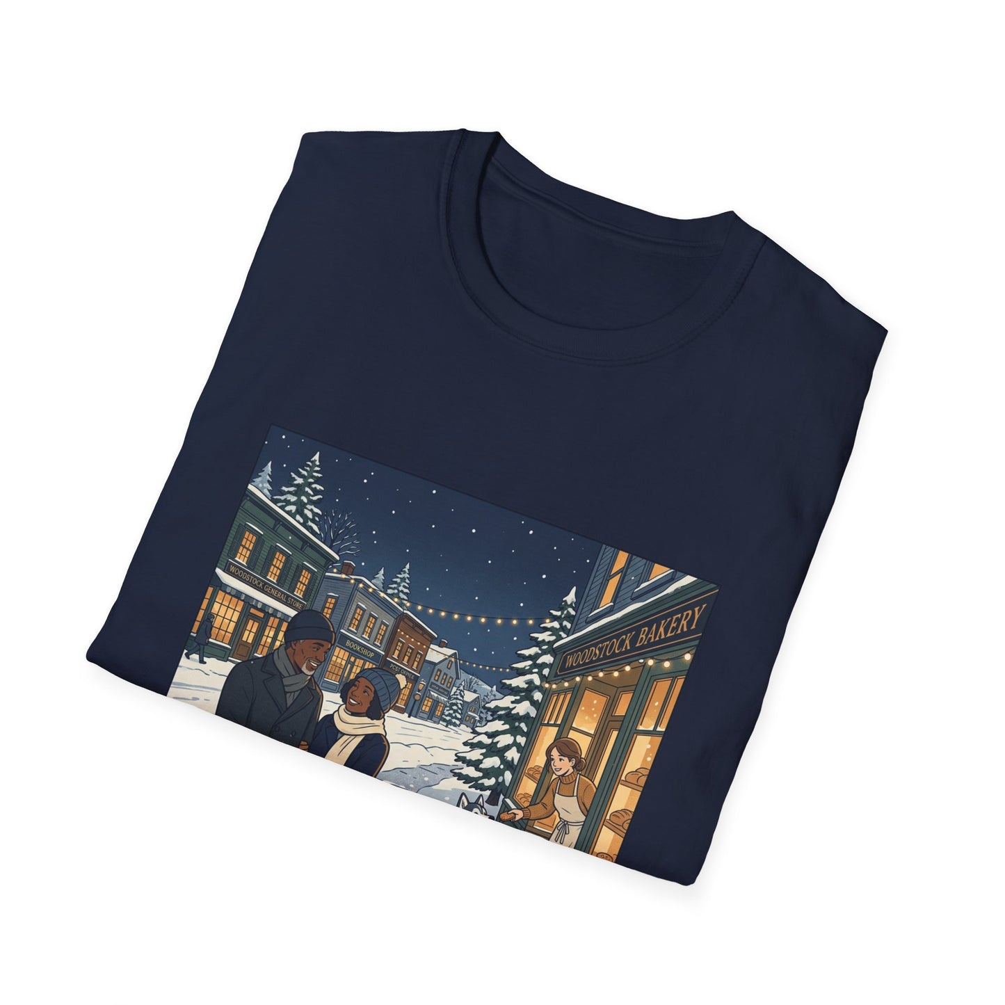 Winter String Lights Stroll T-Shirt — Cozy Holiday Street Scene Graphic Tee