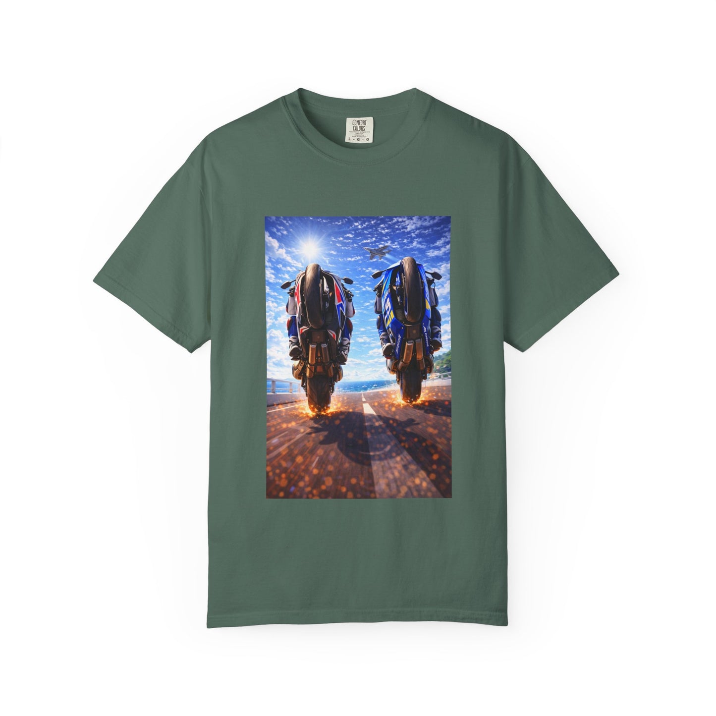 Motorcycle Sunset T-Shirt — Two Bikes Riding Into the Horizon