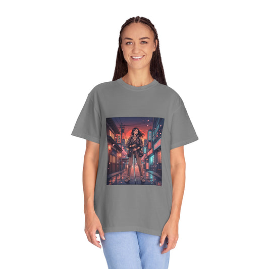 Cyberpunk Night Streets T‑Shirt — Neon Samurai Girl Graphic Tee