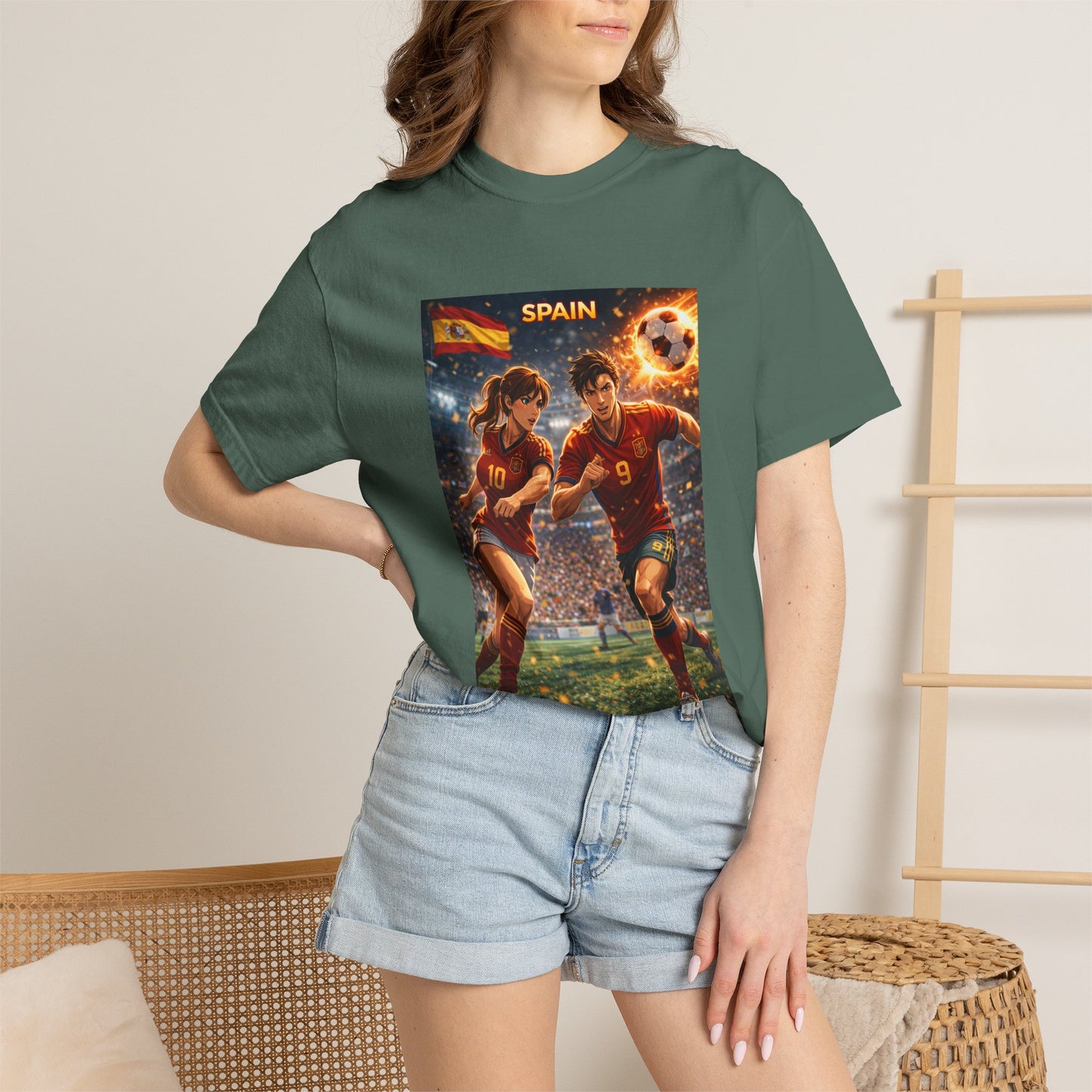 Spain Soccer Graphic T-Shirt — Retro Match Scene with Flag
