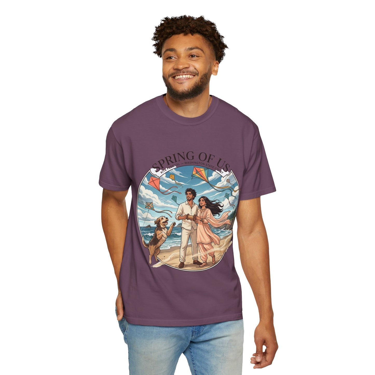 Spring of Us T-Shirt — Romantic Beach Couple Illustration with Dog