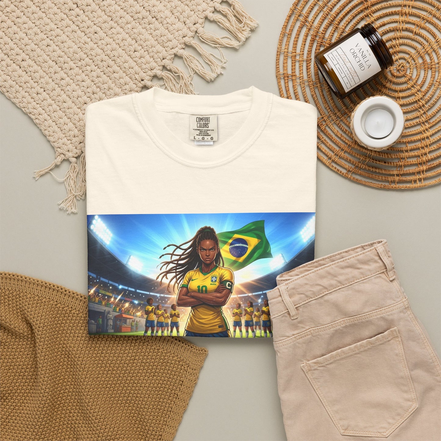 Brazil Soccer Captain T-Shirt — Player Holding Ball with Brazilian Flag Stadium Graphic
