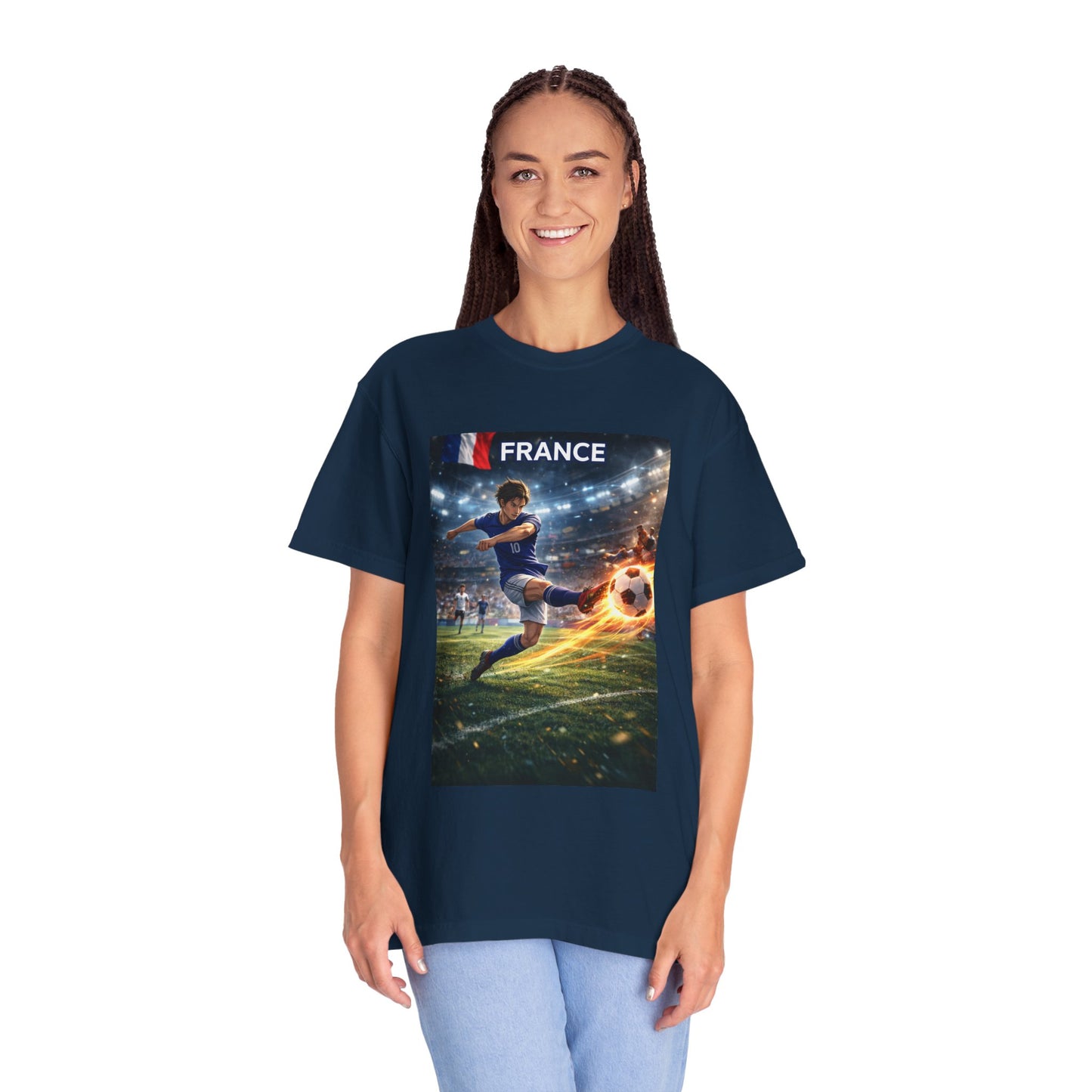 France Soccer Player Graphic T-Shirt — Football Kick Stadium Design