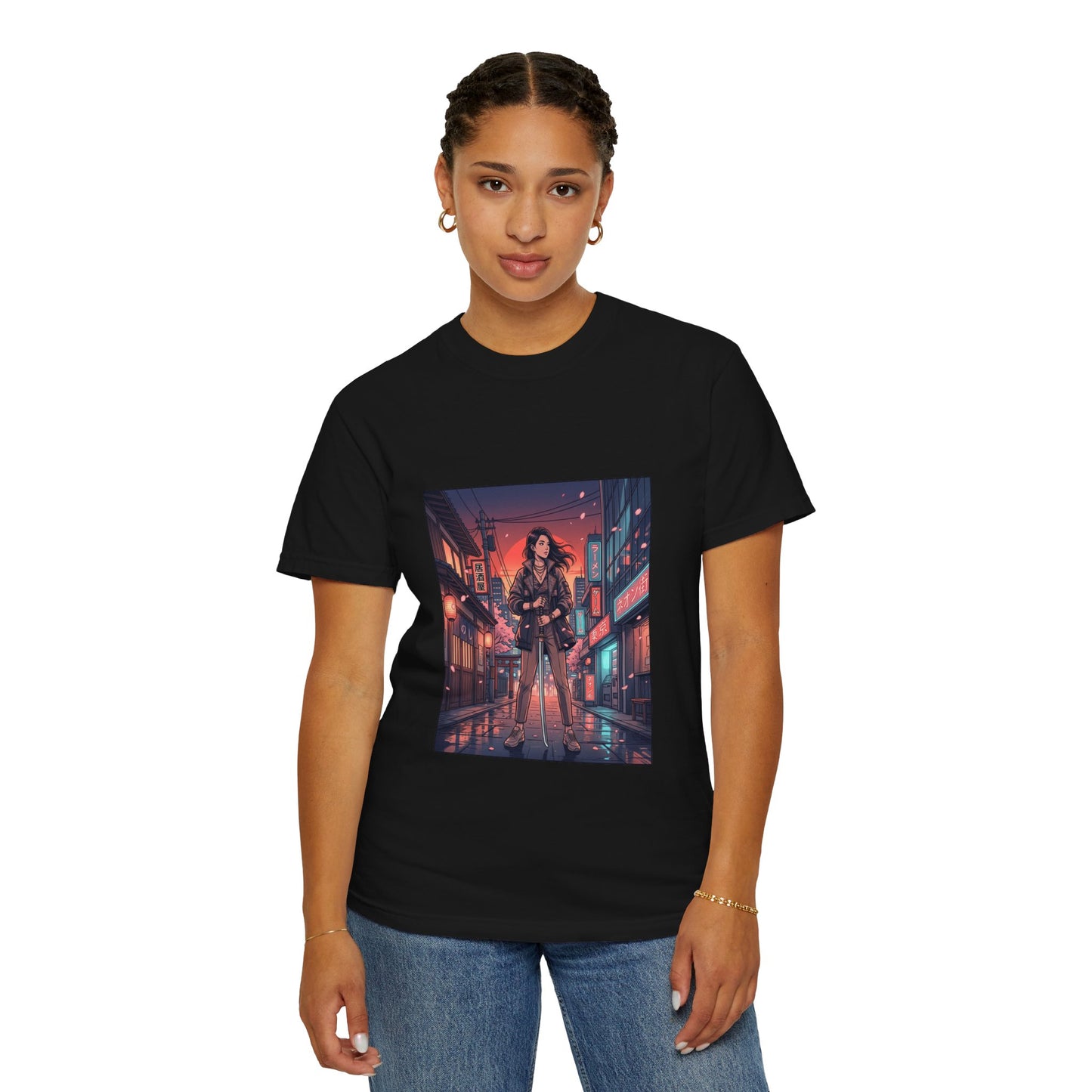 Cyberpunk Night Streets T‑Shirt — Neon Samurai Girl Graphic Tee