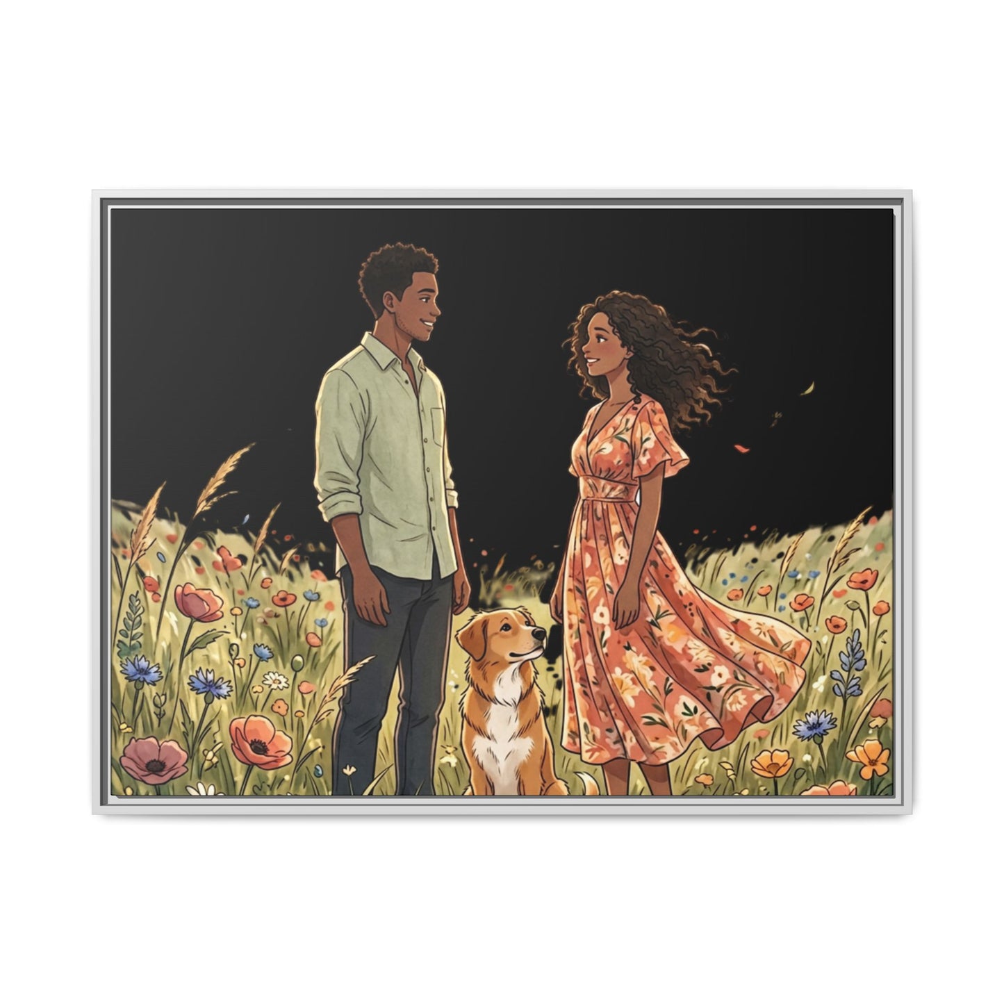 Framed Matte Canvas Print — Romantic Couple in Wildflower Field (Multi‑Color)