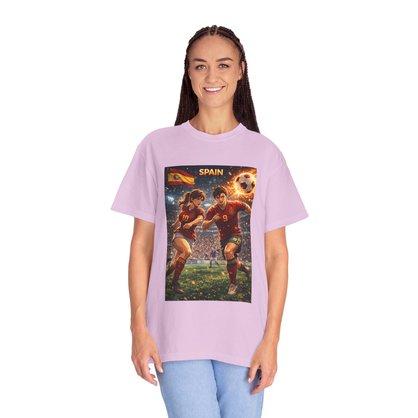 Spain Soccer Graphic T-Shirt — Retro Match Scene with Flag