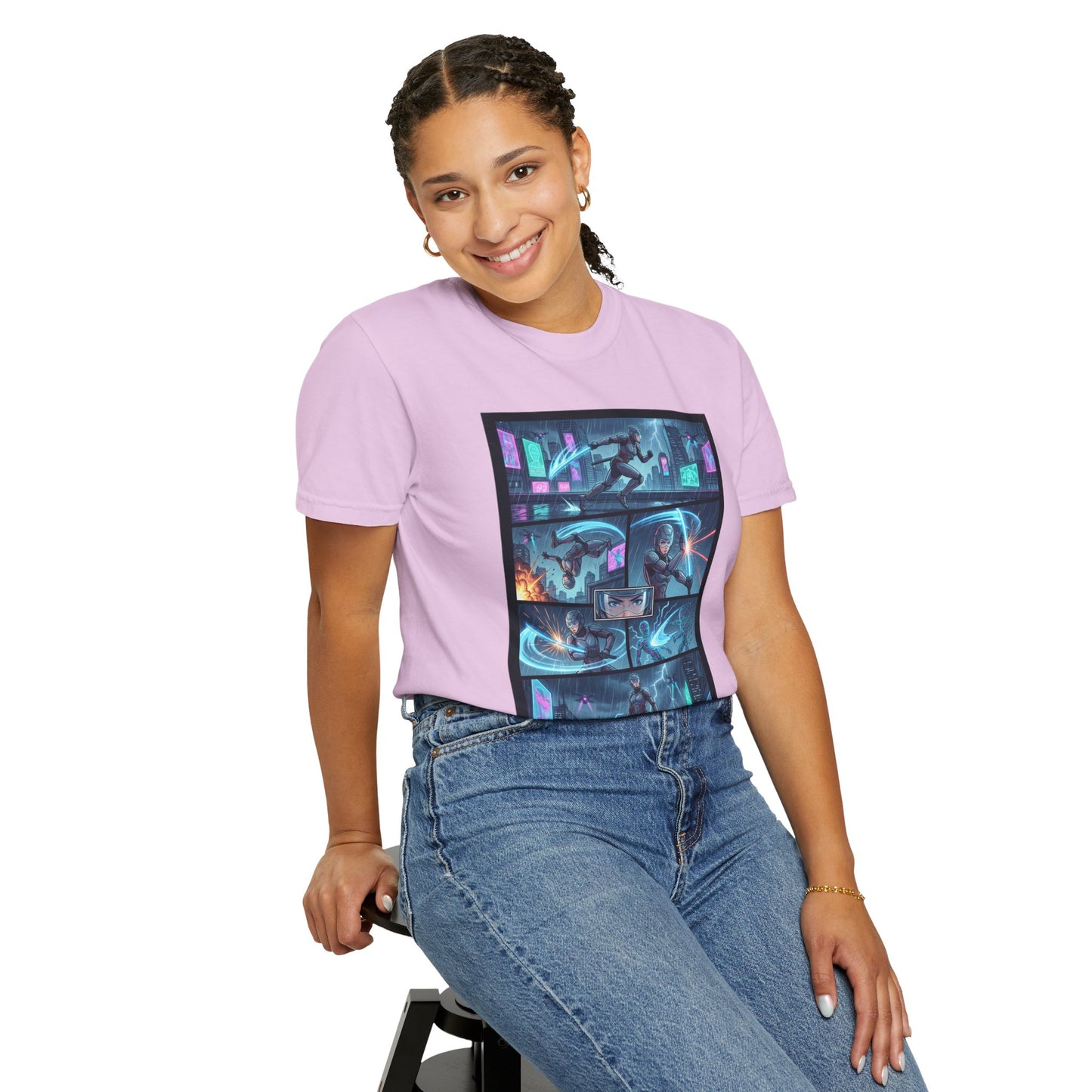 Cyberpunk Girl Samurai T-Shirt — Neon Manga Panel Graphic Tee