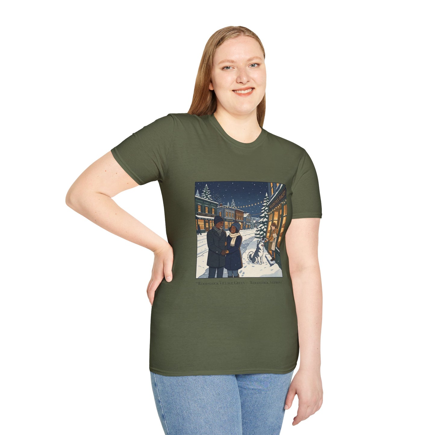 Winter String Lights Stroll T-Shirt — Cozy Holiday Street Scene Graphic Tee