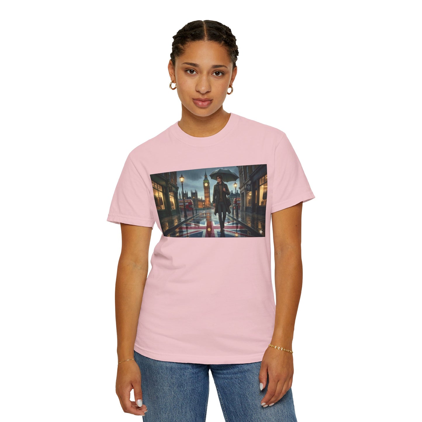 T-Shirt — Rainy London Street Scene Graphic Tee (Big Ben, Umbrella, Night Cityscape)
