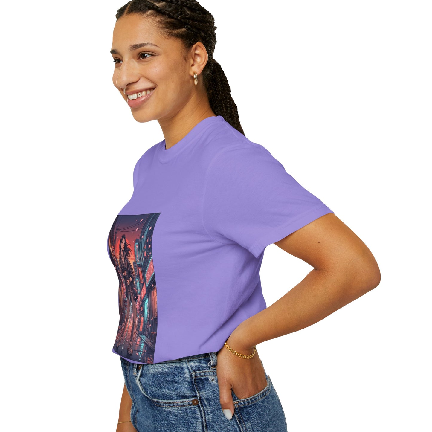 Cyberpunk Night Streets T‑Shirt — Neon Samurai Girl Graphic Tee