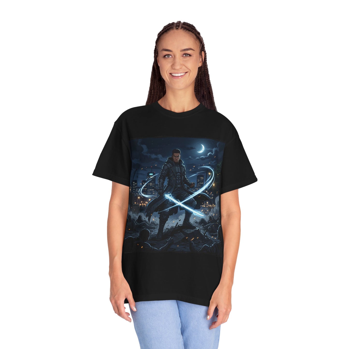Urban Night Warrior T-Shirt — Neon Samurai Cityscape