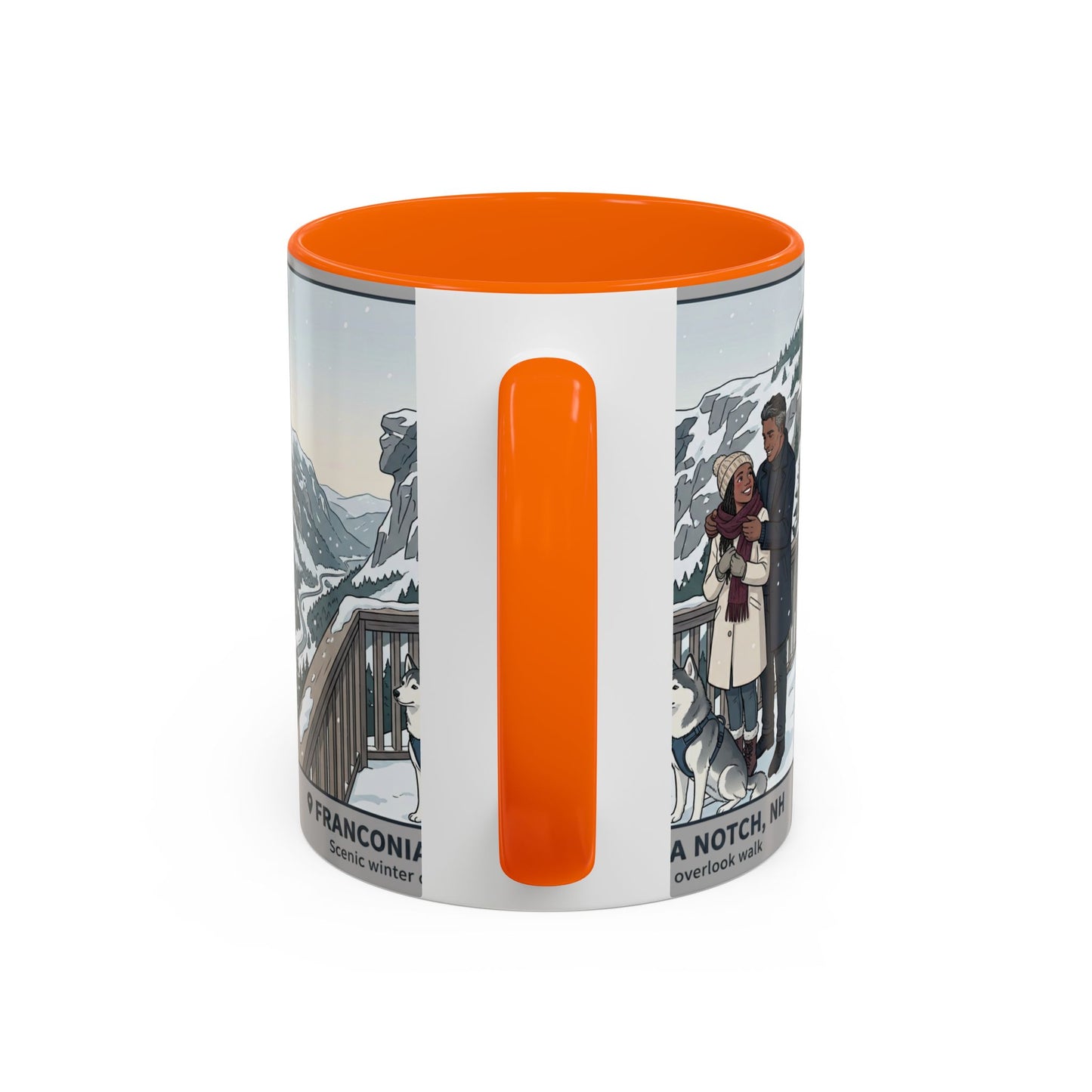 Franconia Notch Scenic Winter Mug — Couples & Dog Snowy Overlook Coffee Cup (11/15oz)