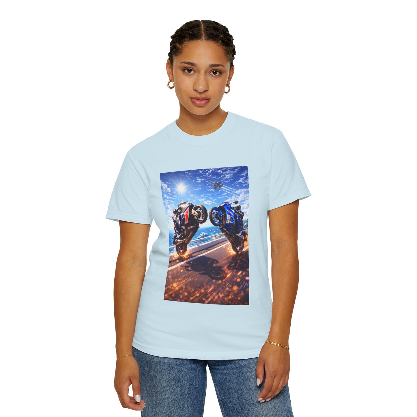 Stunt Riders Motorcycle T-Shirt — Two Bike Wheelie Racing Graphic Tee