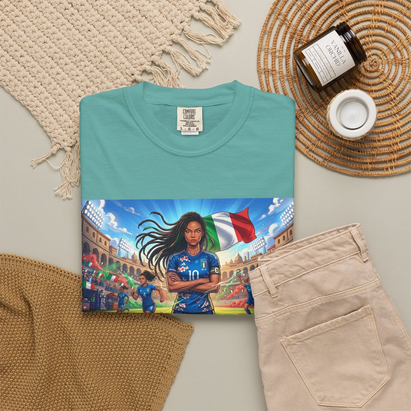 Italian Soccer Fan T‑Shirt – Inspirational Female Player with Italy Flag Stadium Print