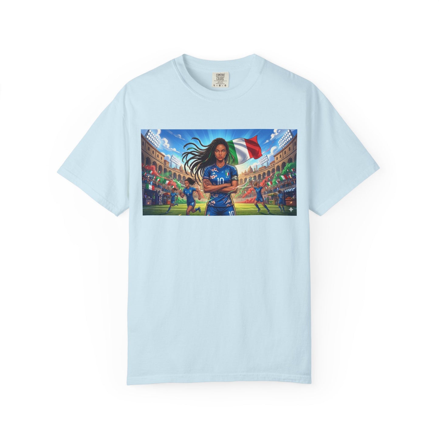 Italian Soccer Fan T‑Shirt – Inspirational Female Player with Italy Flag Stadium Print
