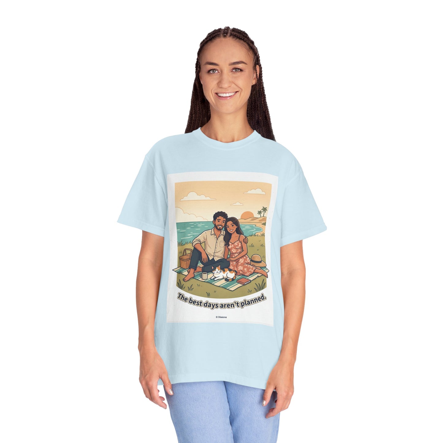 Beach Picnic Couple T‑Shirt — “The best days aren’t planned.” Relaxed Vacation Tee