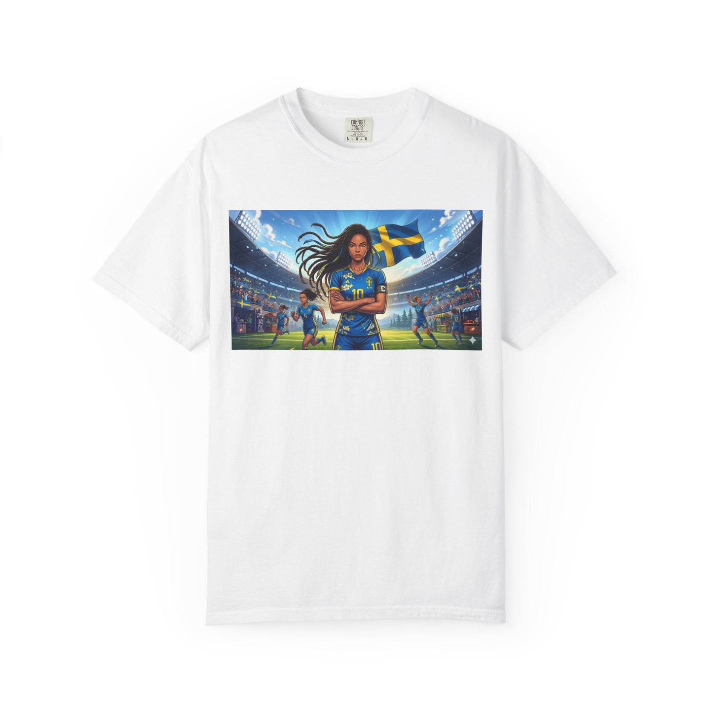 Swedish Soccer Pride T-Shirt — Female Footballer with Flag Stadium Design