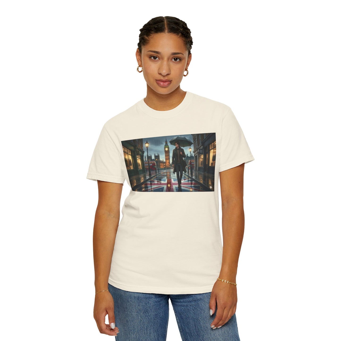 T-Shirt — Rainy London Street Scene Graphic Tee (Big Ben, Umbrella, Night Cityscape)