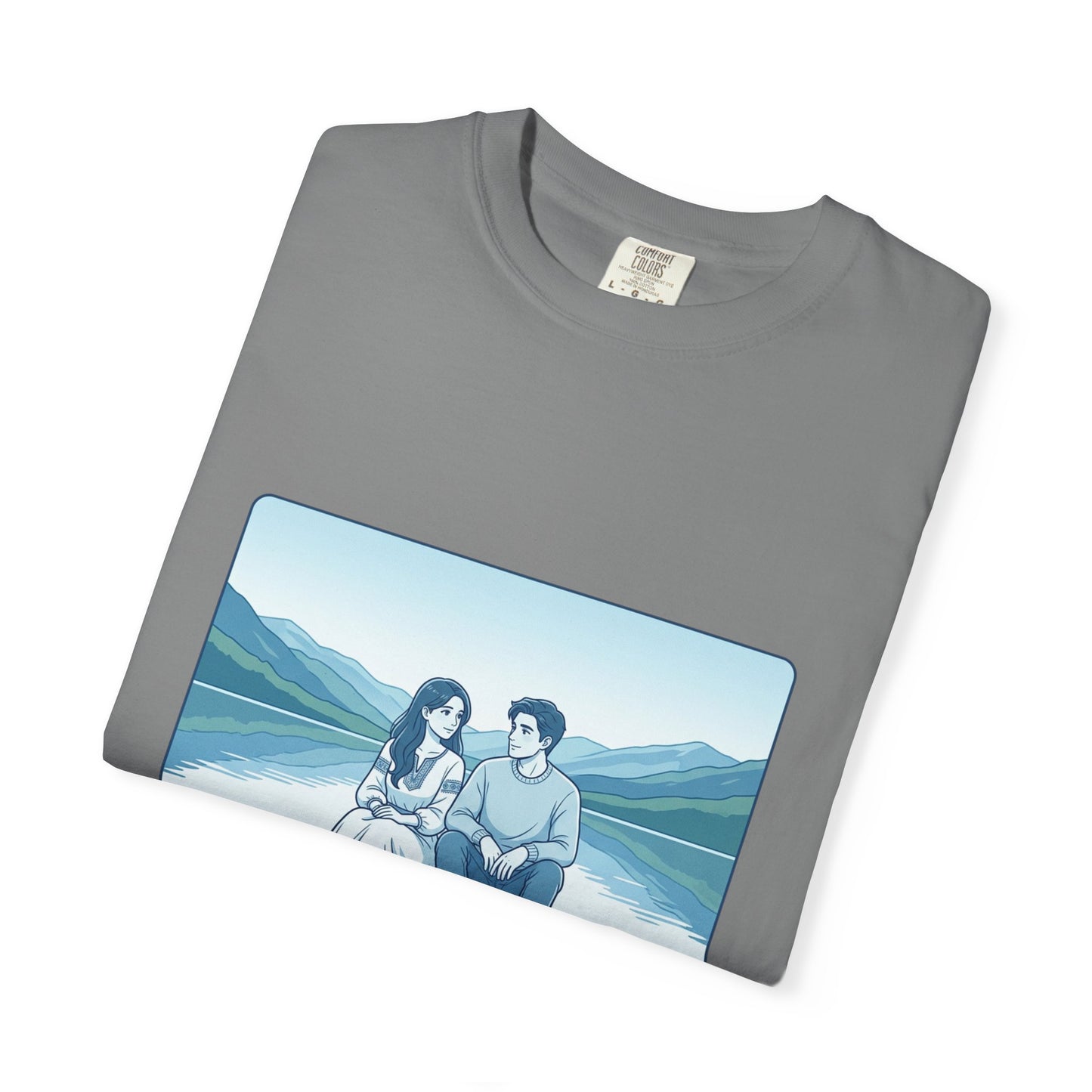 Peaceful Moments Tee — Couple Sitting by Lake Graphic T-Shirt