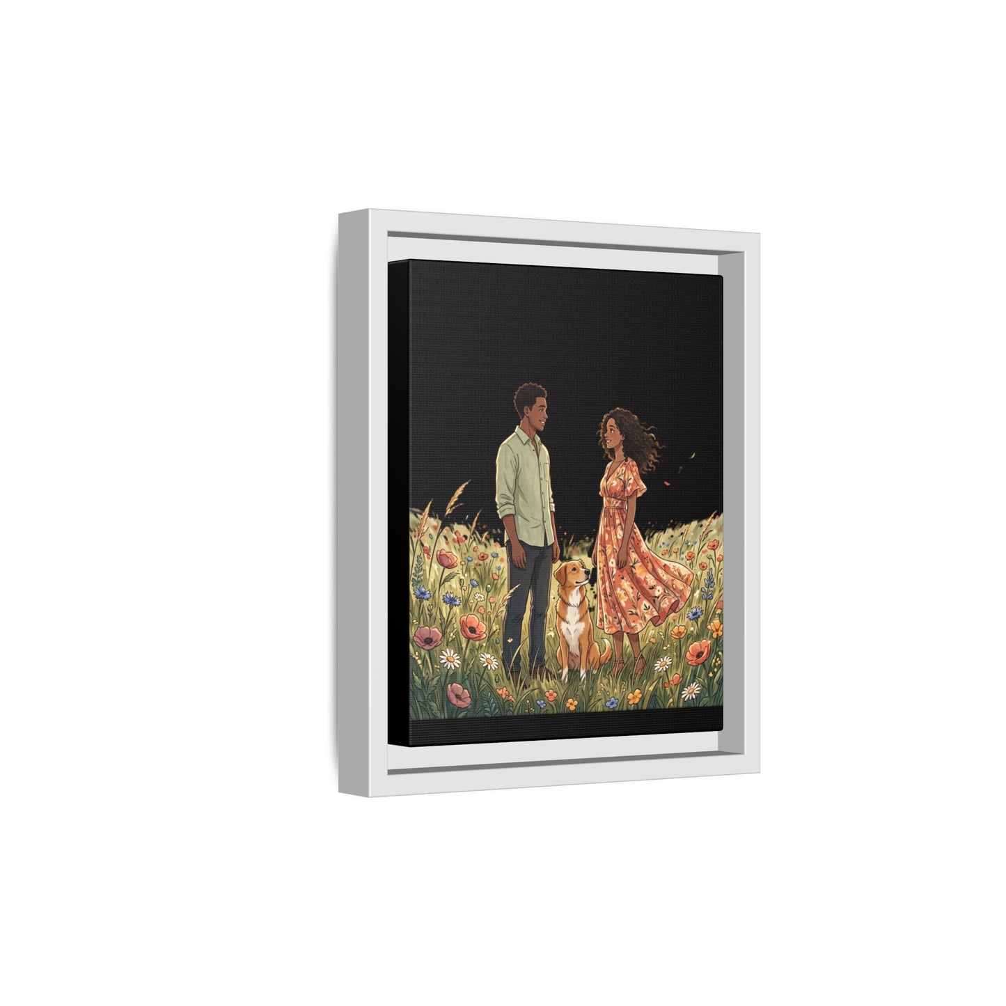Framed Matte Canvas Print — Romantic Couple in Wildflower Field (Multi‑Color)