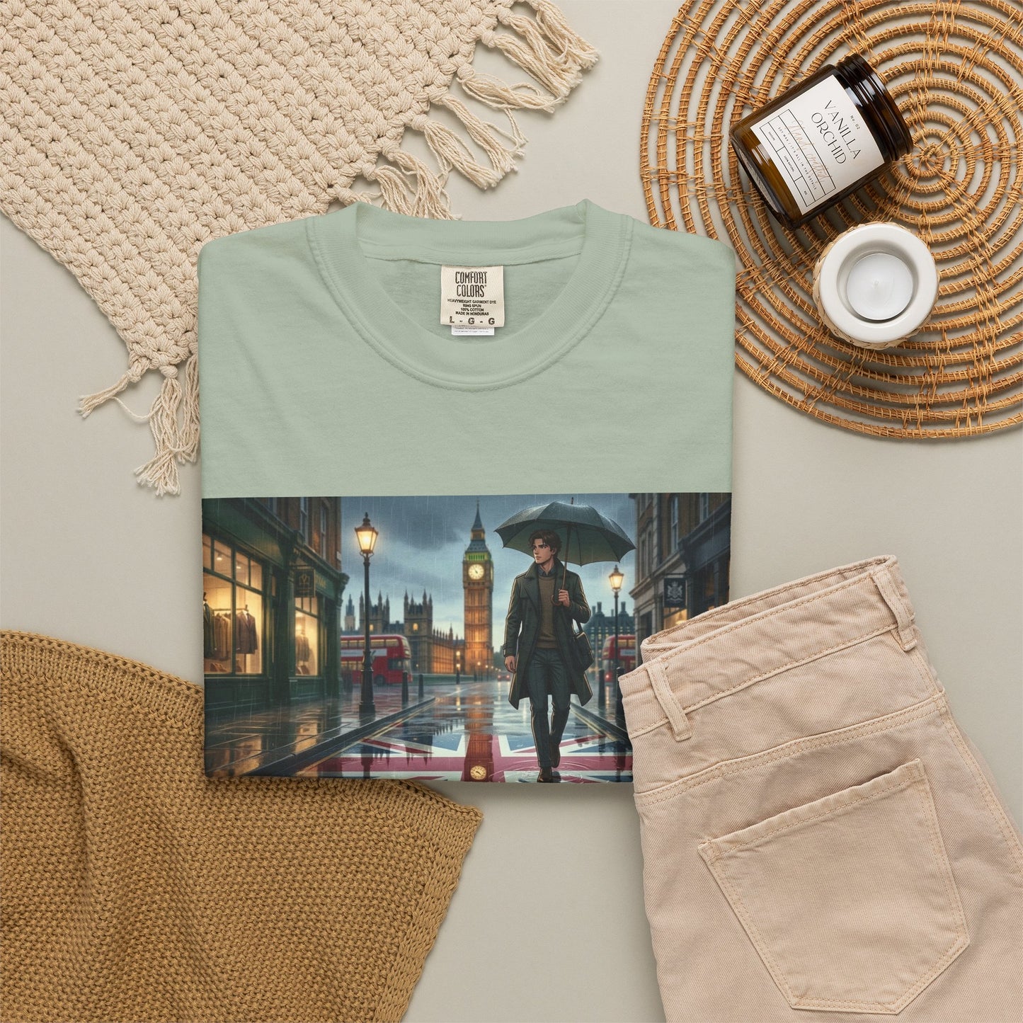T-Shirt — Rainy London Street Scene Graphic Tee (Big Ben, Umbrella, Night Cityscape)