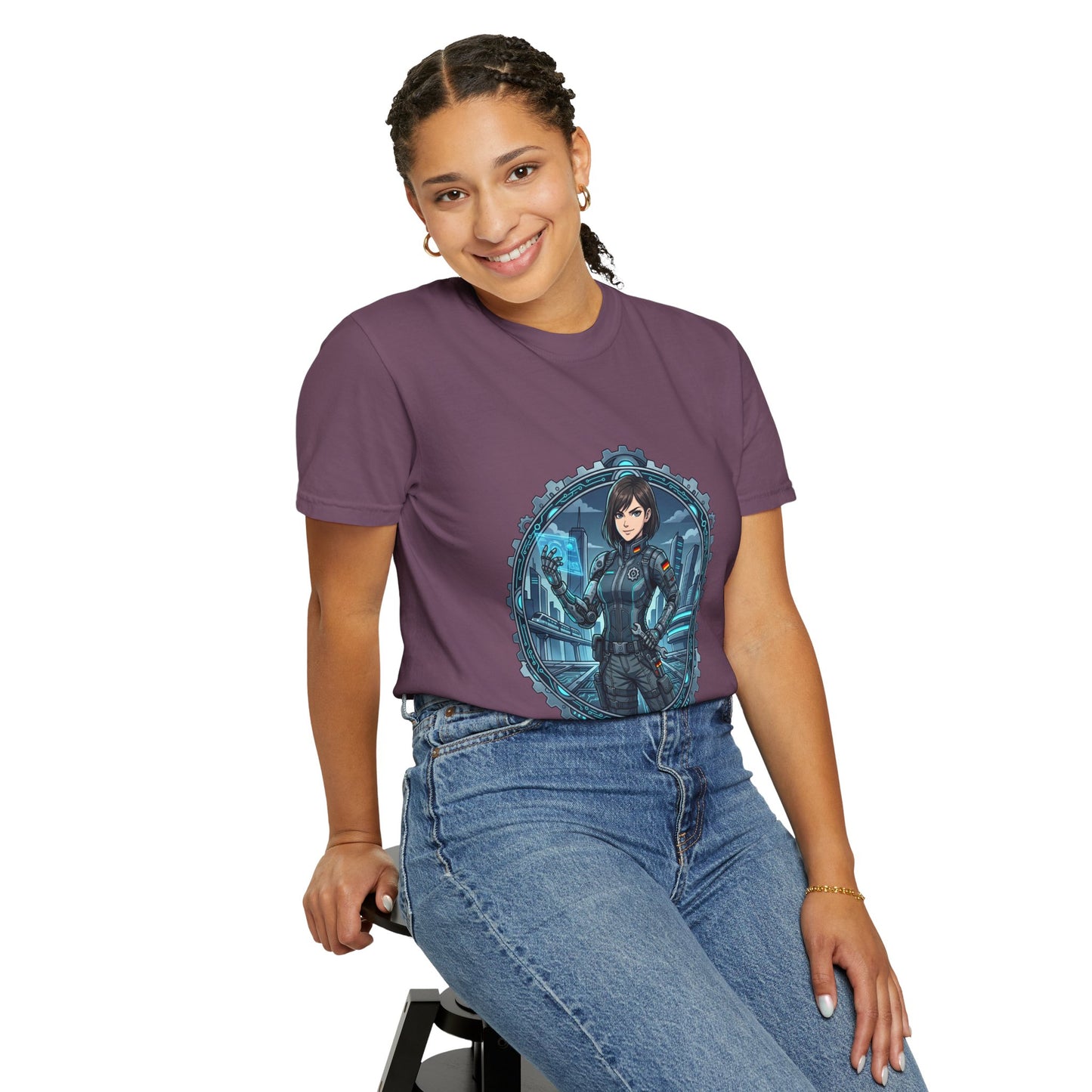 Cyber Ninja Graphic T-Shirt — Futuristic Female Warrior Illustration