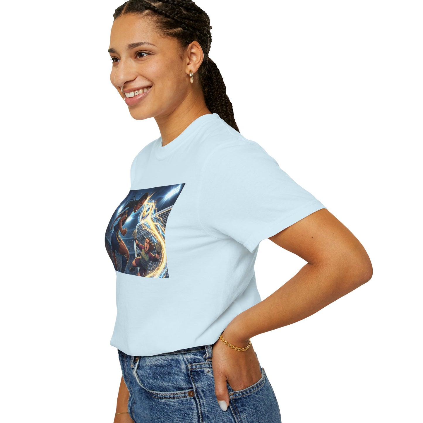 Soccer Duel Graphic T-Shirt — Futuristic Goalkeeper vs Striker Stadium Print
