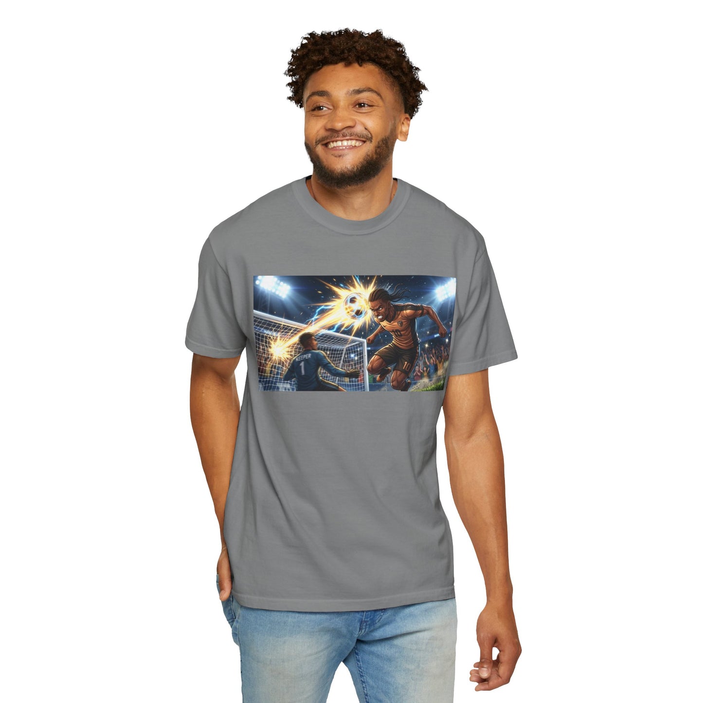 Soccer Goal Celebration T-Shirt — Action Football Scene Graphic Tee