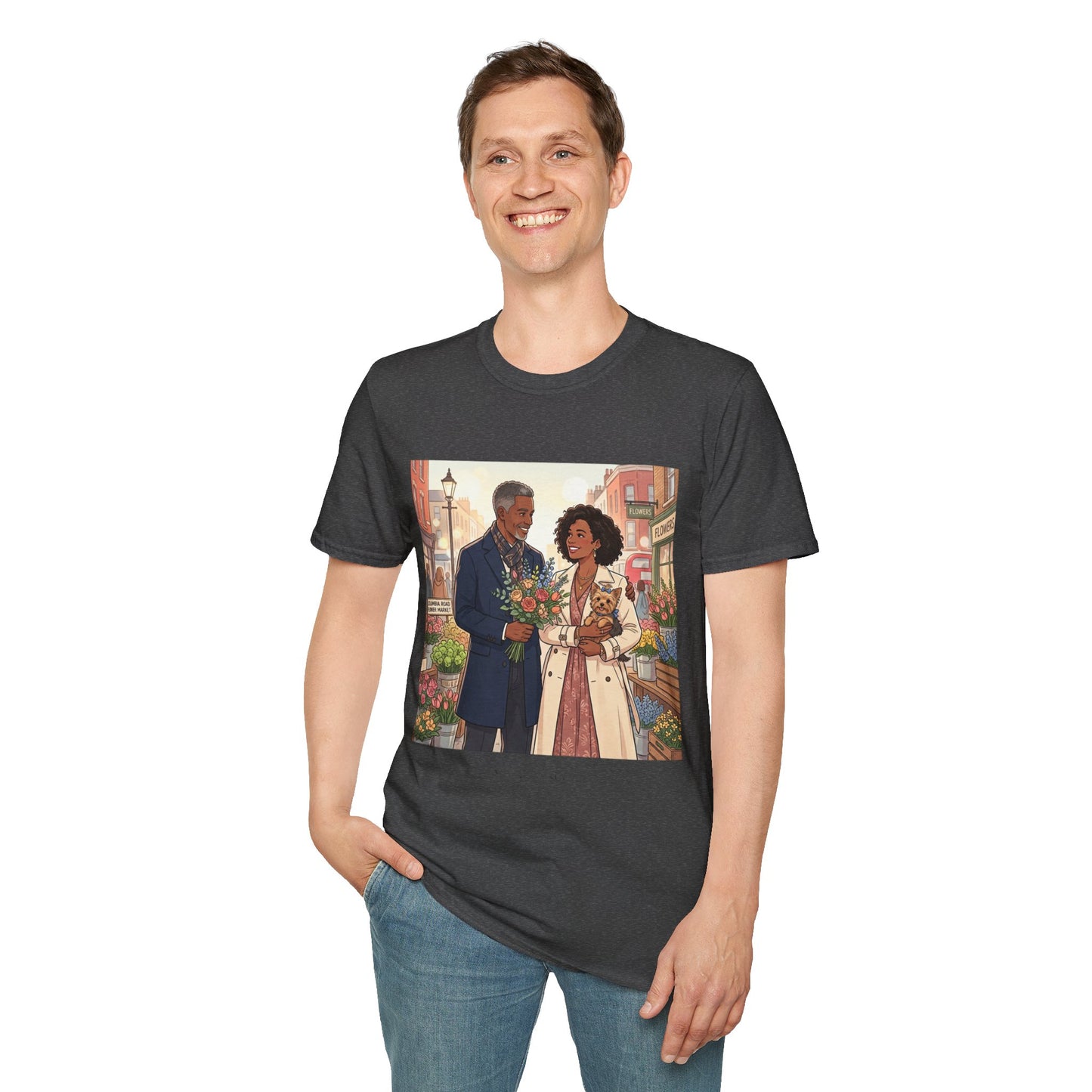 Romantic City Stroll T-Shirt — Couple Bouquet Illustration